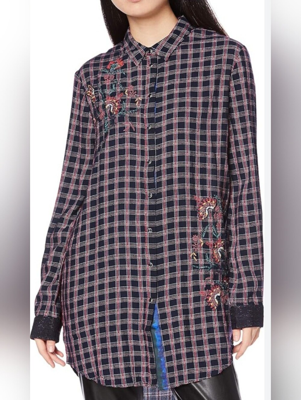 Desigual Tartan Embroidered Flowers Long Sleeve Tunic Shirt XS Indie Style